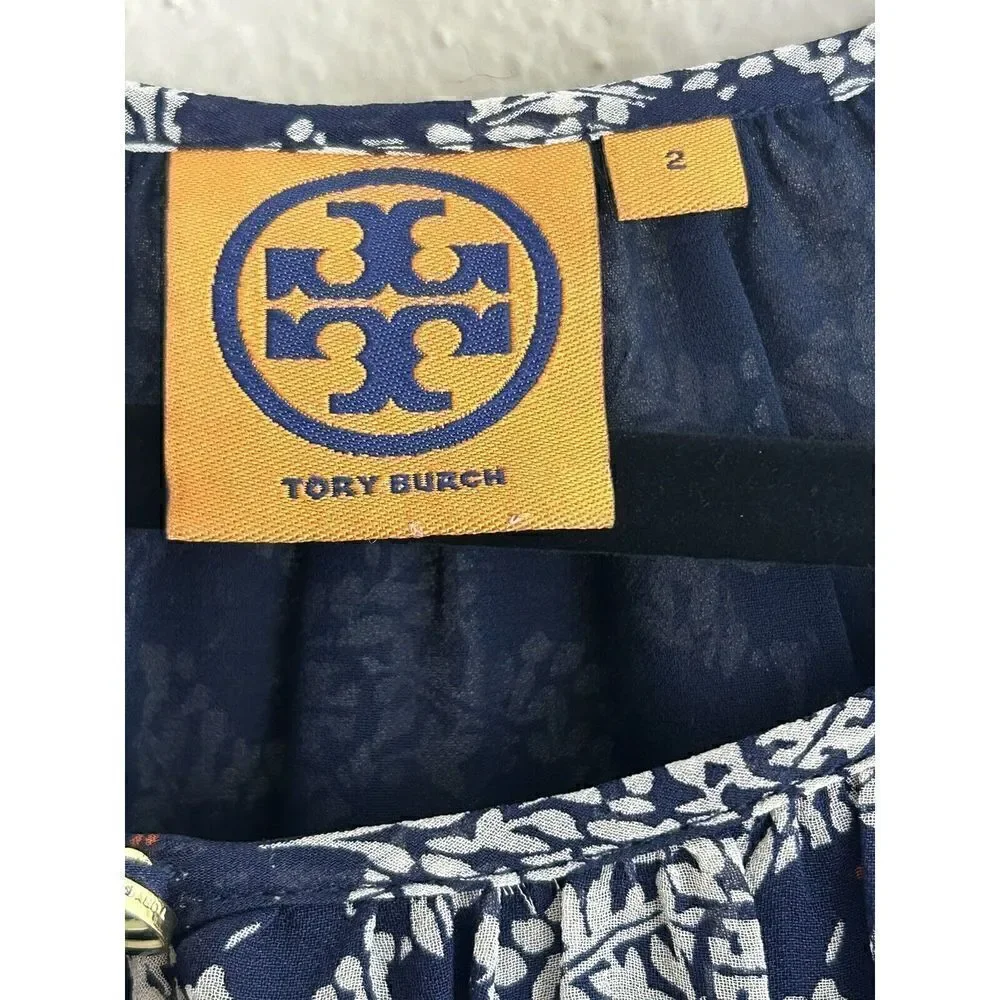 Tory Burch Womens Blouse Blue Floral Long Sleeve Button Cuff Keyhole Neck Top 2